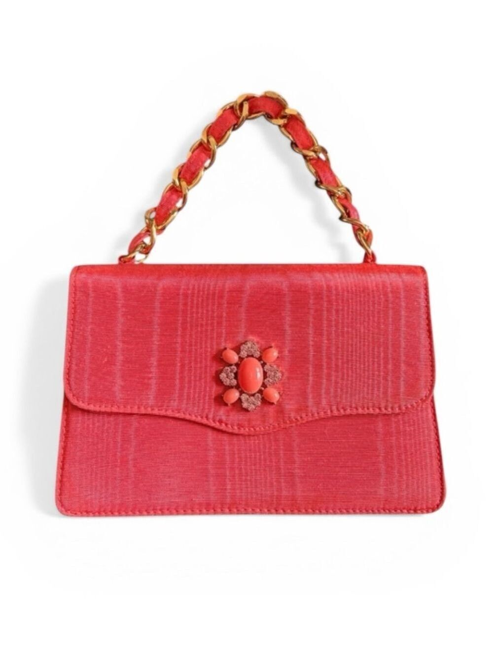 Banana Republic Coral Fabric Evening Bag Jewel Embellishment and Chain Strap